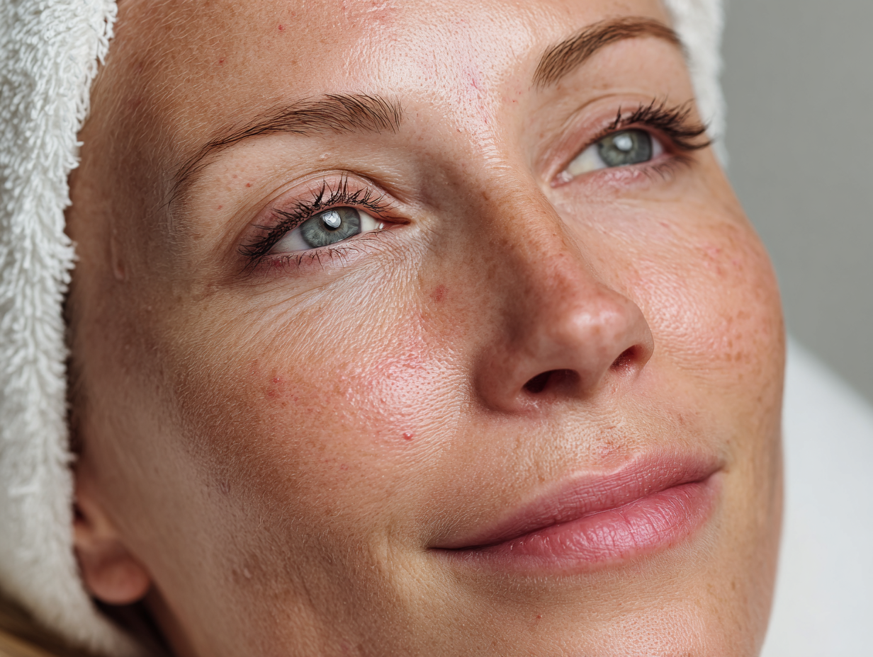 Close-up of a woman's face with a towel on her head, showing skin texture and pores.